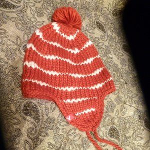Winter warm  wool blend Striped Red & White  Knit Hat w/ Pom